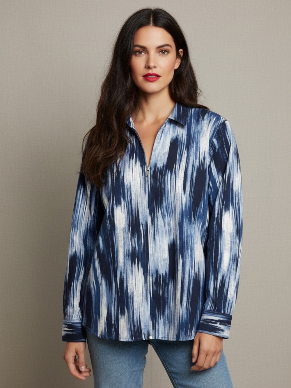 Foxcroft Blue Watercolor Long Sleeve Cotton Blouse Plus Size 18W